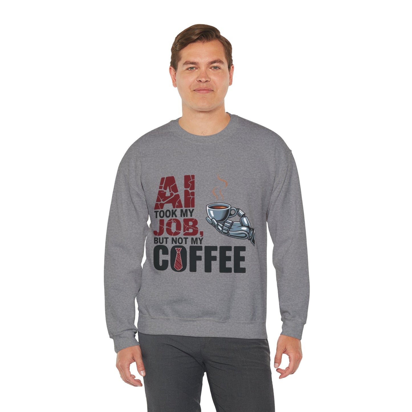 Men's AI Coffee Sweatshirt, Funny Robot Humor Pullover, Geek Sarcastic Job Joke Top, Men's Heavy Blend™ Crewneck Sweatshirt, Office Humor