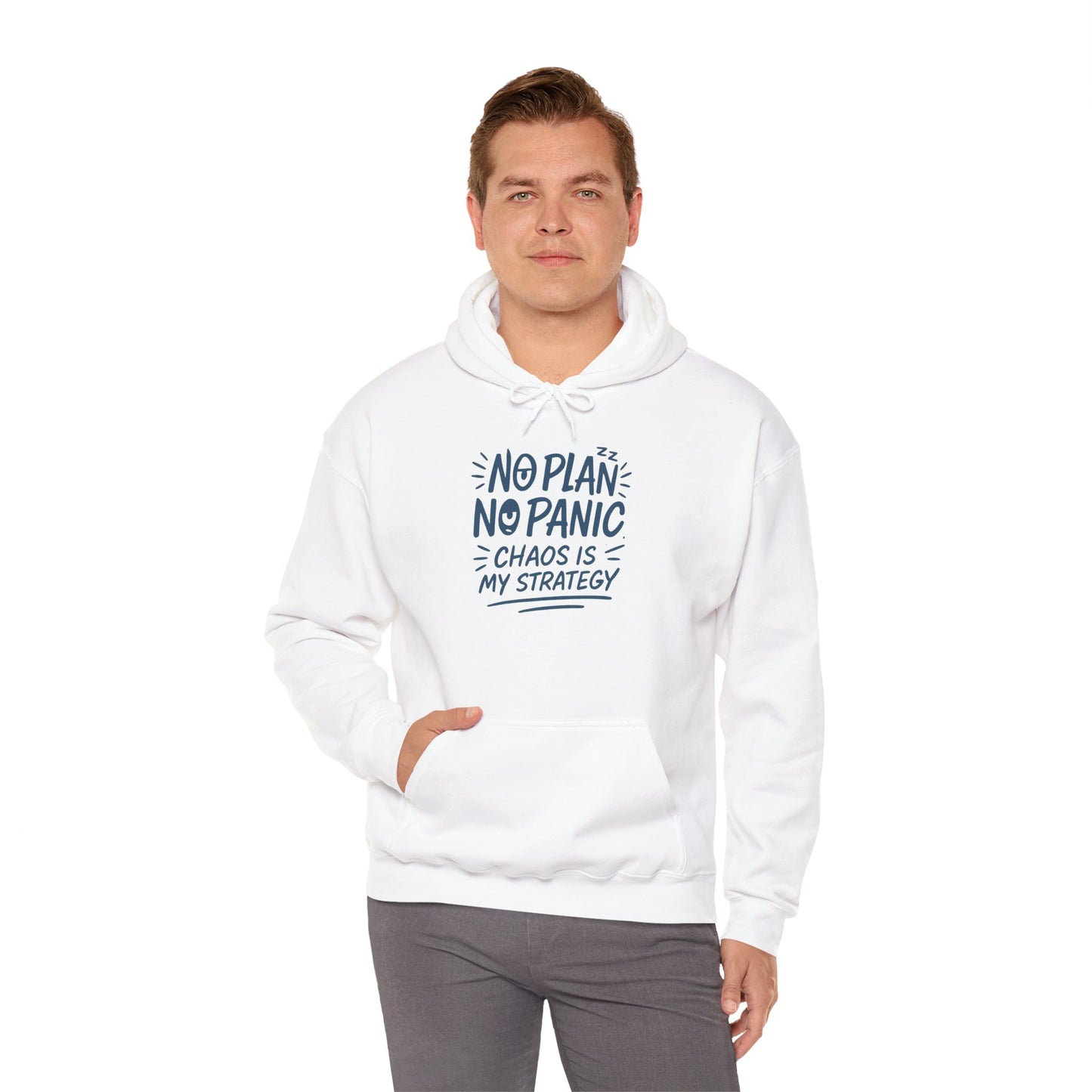 Funny Chaos Strategy Mens Hoodie, No Plan No Panic Quote Hoodie, Cozy Relaxed Fit Pullover, Humorous Gift for Him, Unisex Pullover
