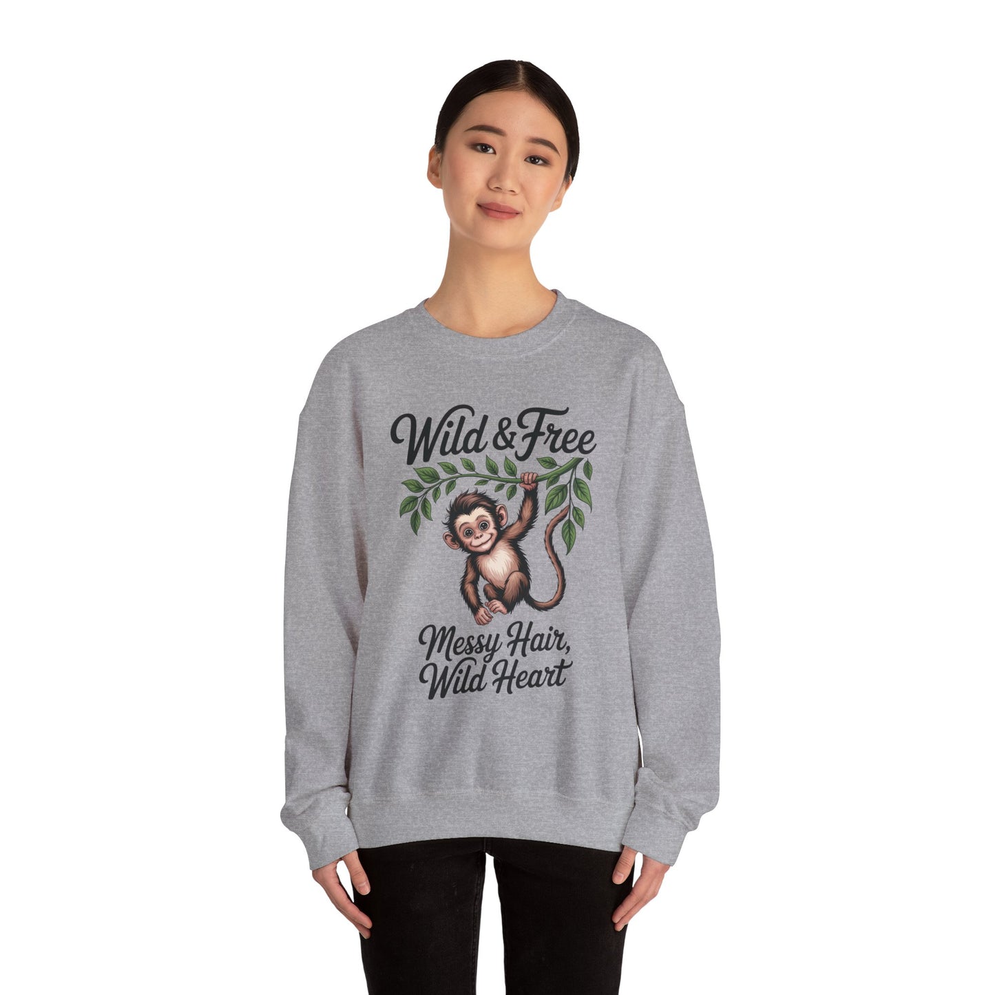 Wild & Free Monkey Sweatshirt, Messy Hair Wild Heart Womens Pullover, Cute Jungle Animal Sweater, Boho Adventure Graphic, Nature Lover Gift