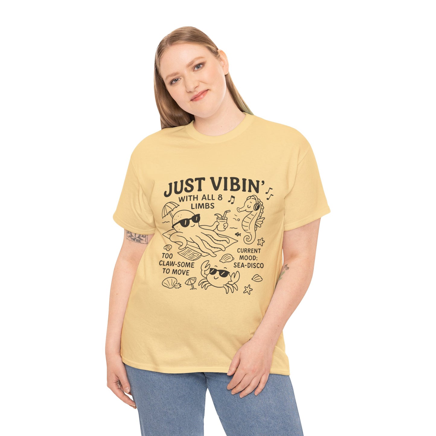Just Vibin Womens T-Shirt, Cute Octopus & Sea Animals Graphic Tee, Funny Sea Disco Summer Shirt, Beach Vibes Gift for Her, Ocean Theme