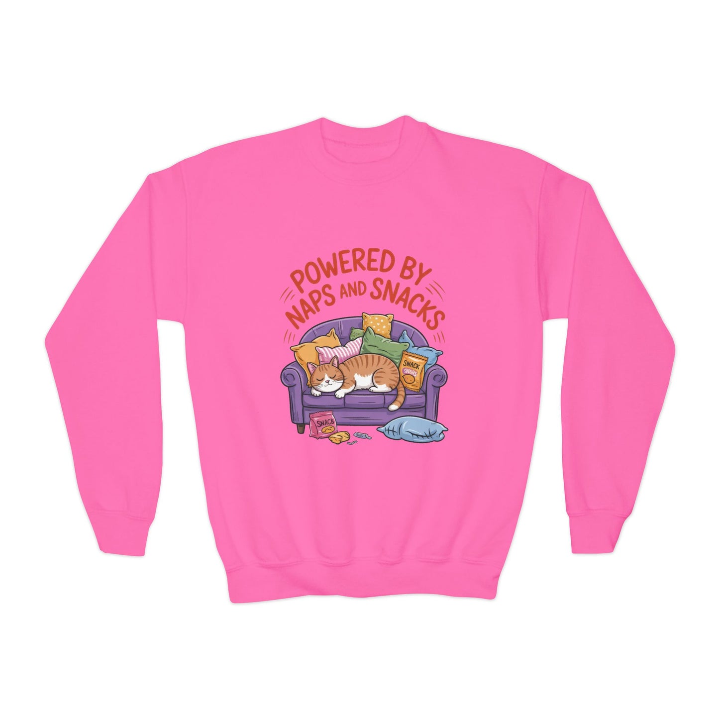 Youth Sweatshirt - Powered by Naps and Snacks, Cozy Apparel for Kids, Perfect for Chill Days, Gift for Cat Lovers, Funny Sweatshirt