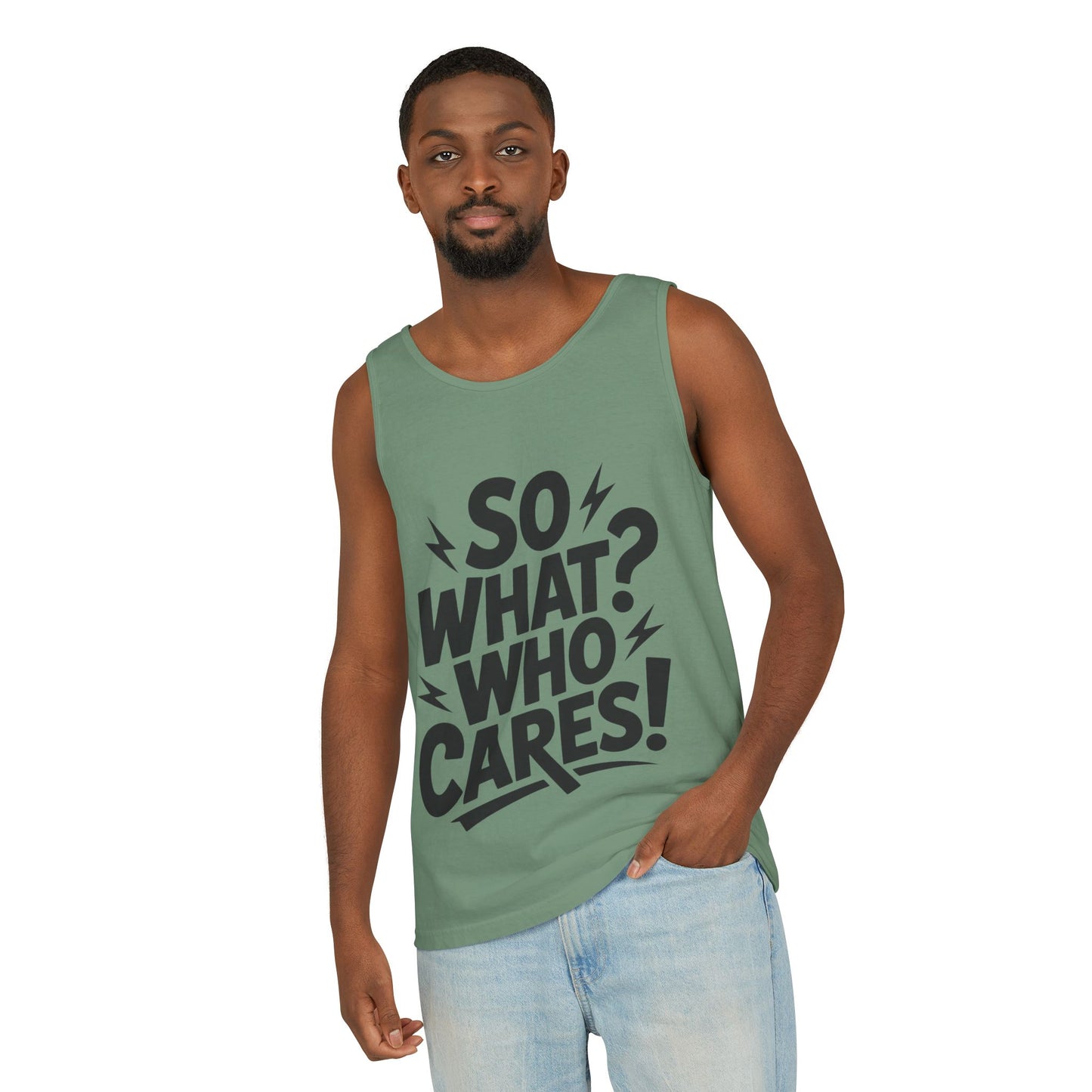 Mens Tank Top, "So What? Who Cares!", Casual Summer Wear, Beach Trip, Festival Outfit, Lightning Print, Sarcastic Summer Tee, Gym Tank