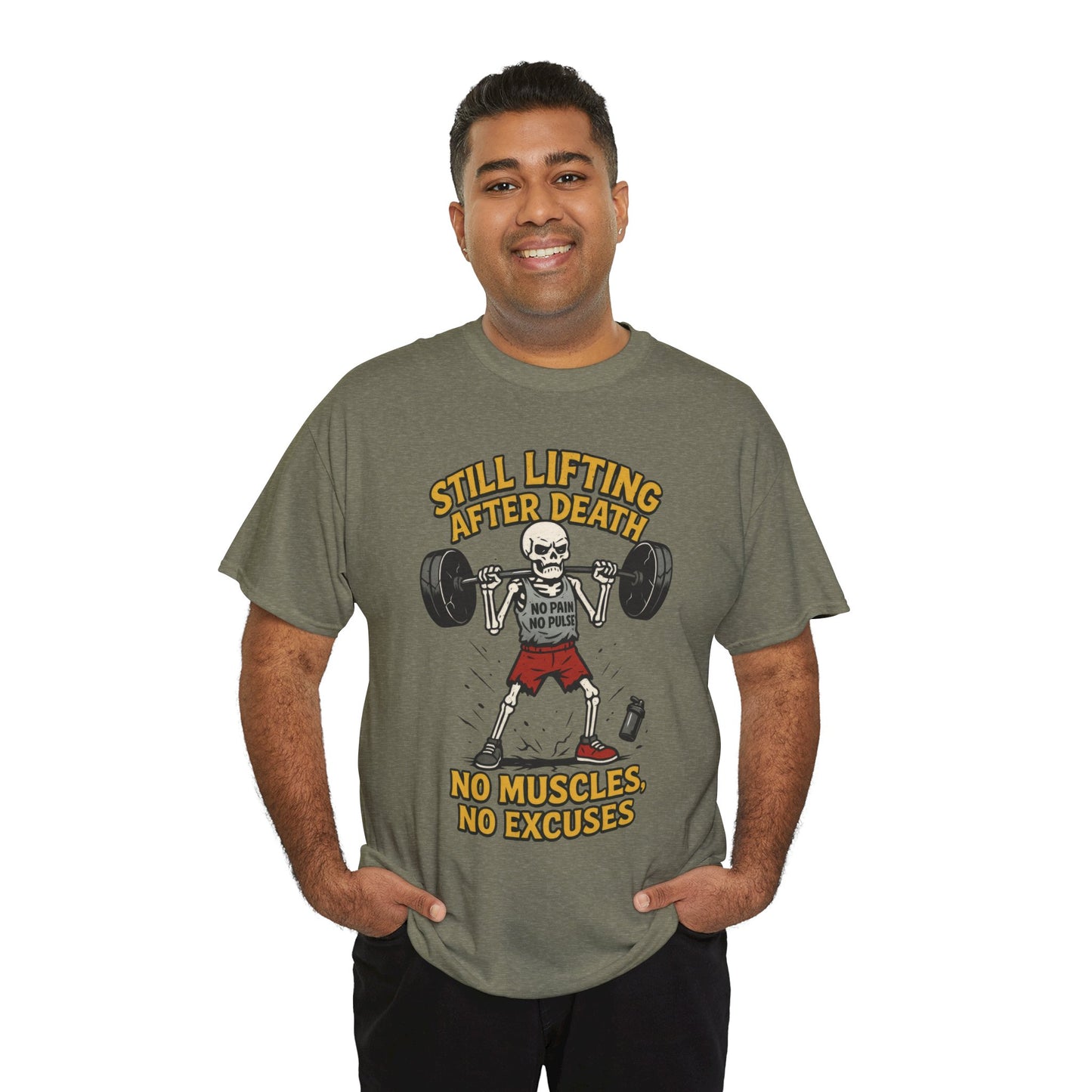 Funny Skeleton Gym T-Shirt, Still Lifting After Death, Funny Workout Shirt for Men, Fitness Gift, Halloween Apparel, Unisex Cotton Tee