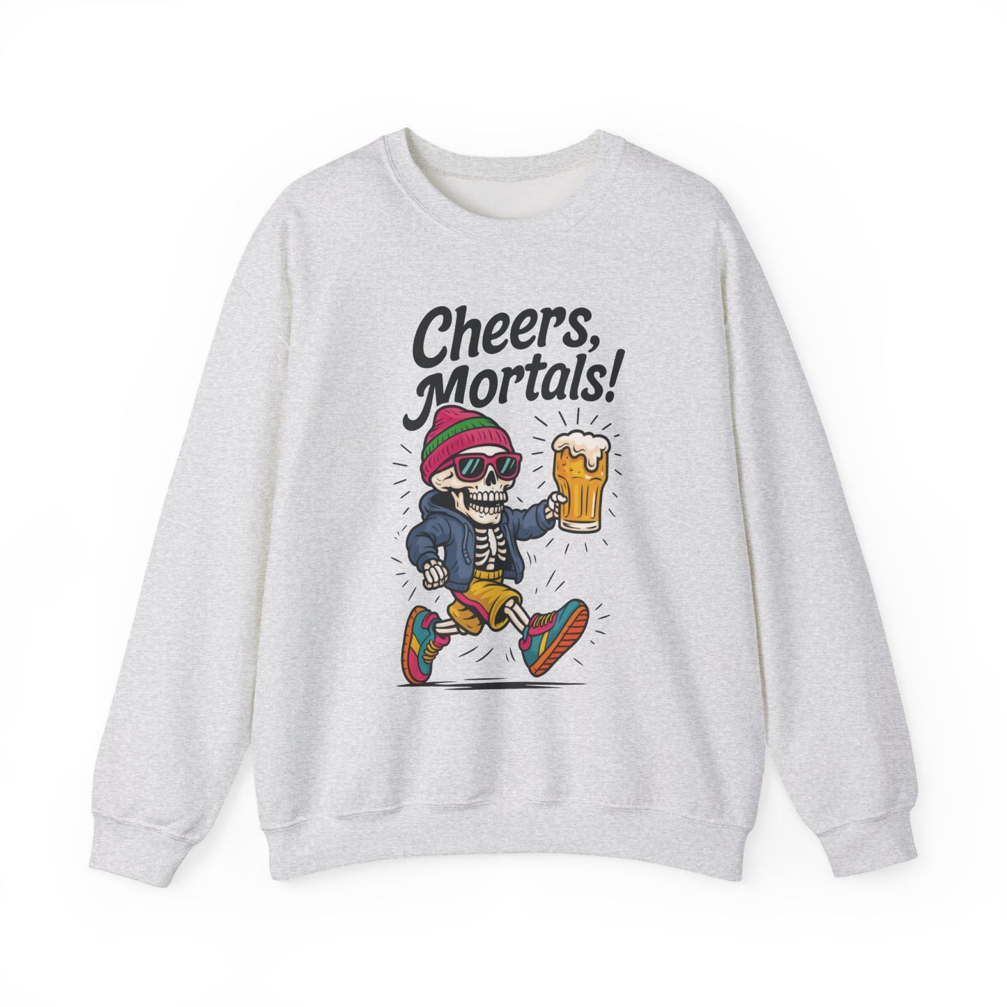 Cheers Mortals! Mens Crewneck Sweatshirt, Skeleton Beer Pullover with Hood, Drinking Humor Sweatshirt, Party Gift for Him, Halloween Apparel