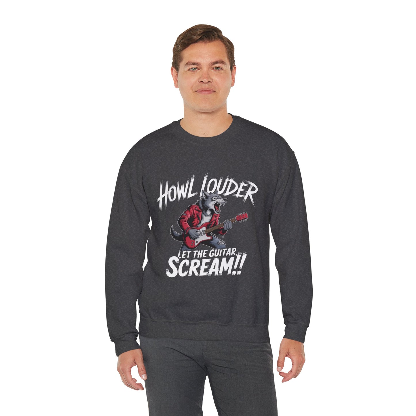 Howl Louder Wolf Sweatshirt, Let The Guitar Scream Pullover, Rock Guitar Animal Hoodie, Rocking Wolf Crewneck Sweatshirt, Music Lover Gift