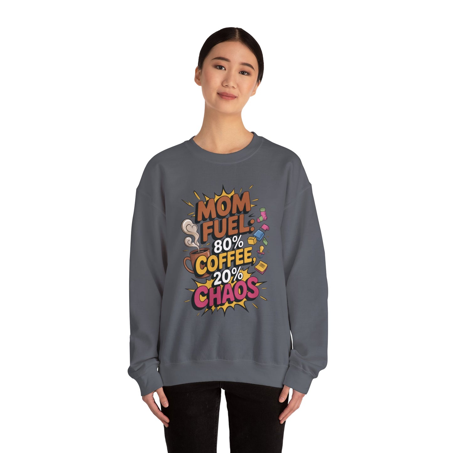 Funny Mom Fuel Sweatshirt, Perfect Gift for Moms, Chaos & Caffeine, Mother's Day Apparel, Funny Tired Mom Life Sweatshirt, Coffee Loving Mom