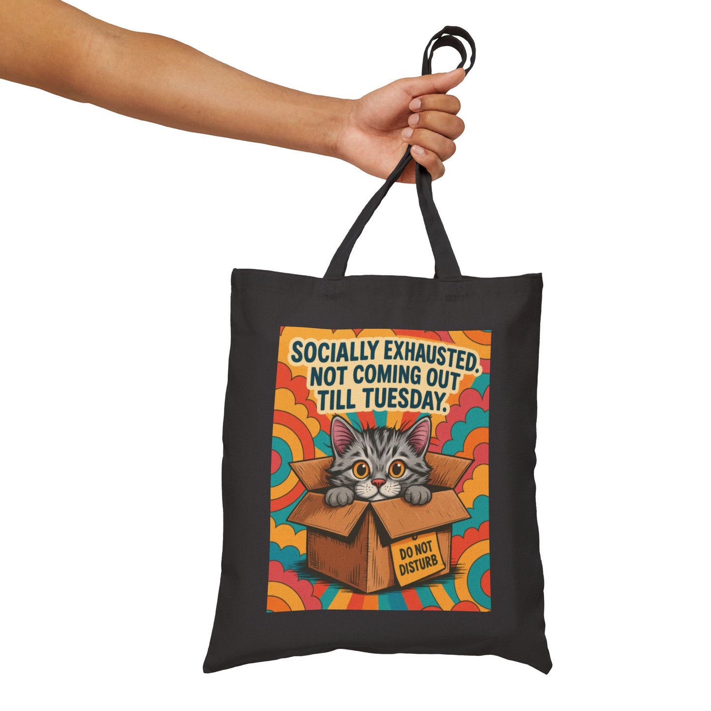 Socially Exhausted Cat Tote Bag, Funny Retro Cat in Box Canvas Bag, Do Not Disturb Comic Bag, Gift for Cat Lovers, Weekend Vibes