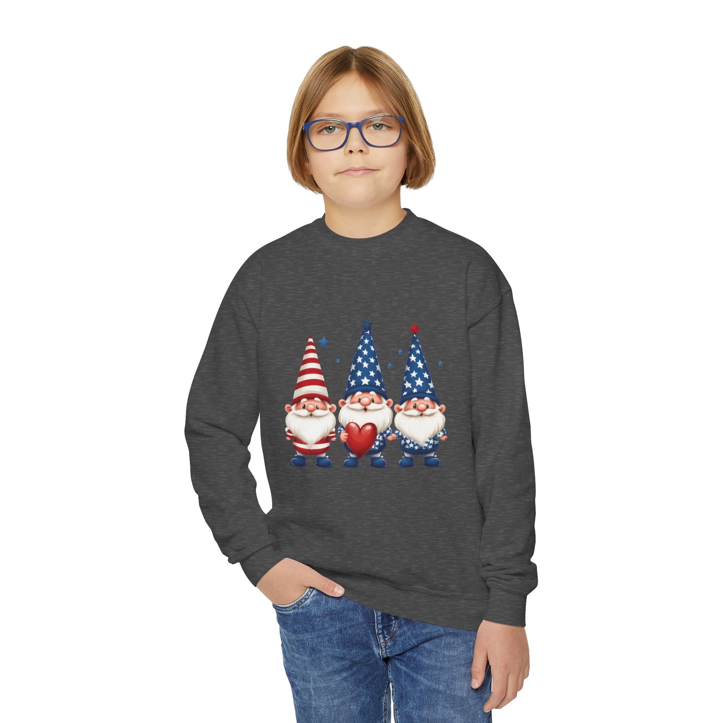 Patriotic Gnome Youth Crewneck Sweatshirt, 4th of July Sweatshirt, Cute Gnome Pullover, Summer Camp Outfit, Kids Holiday Apparel