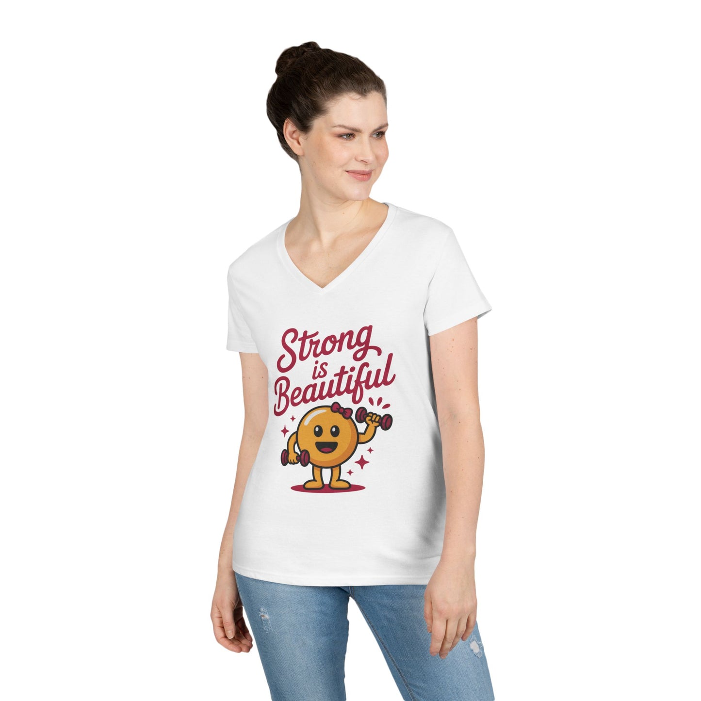 Ladies' V-Neck T-Shirt, Strong is Beautiful Womens Tee, Cute Fitness Character Tee, Inspirational Workout Shirt, Gym Motivation Gift for Her