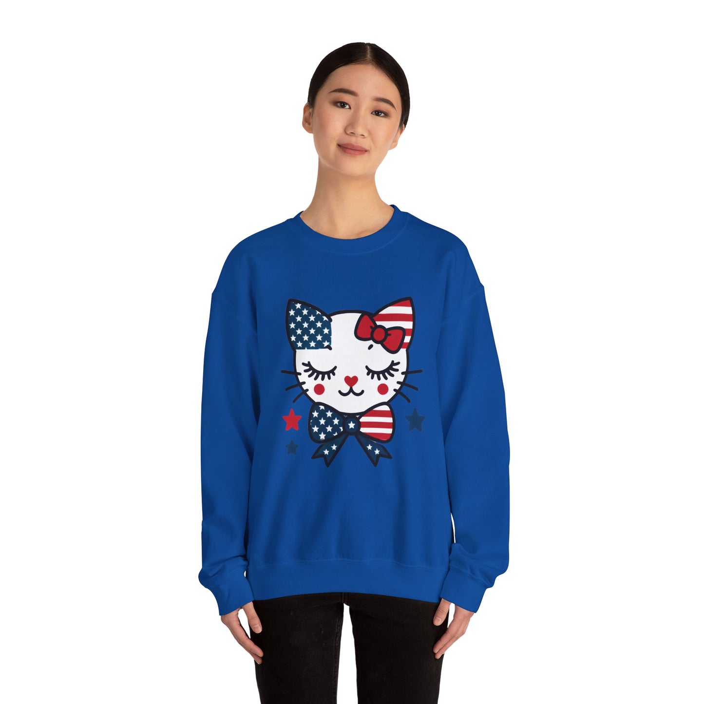 Cute Cat American Flag Sweatshirt, Women's Crewneck, Perfect for 4th of July, Women's Casual Wear, Cat Lovers Gifts