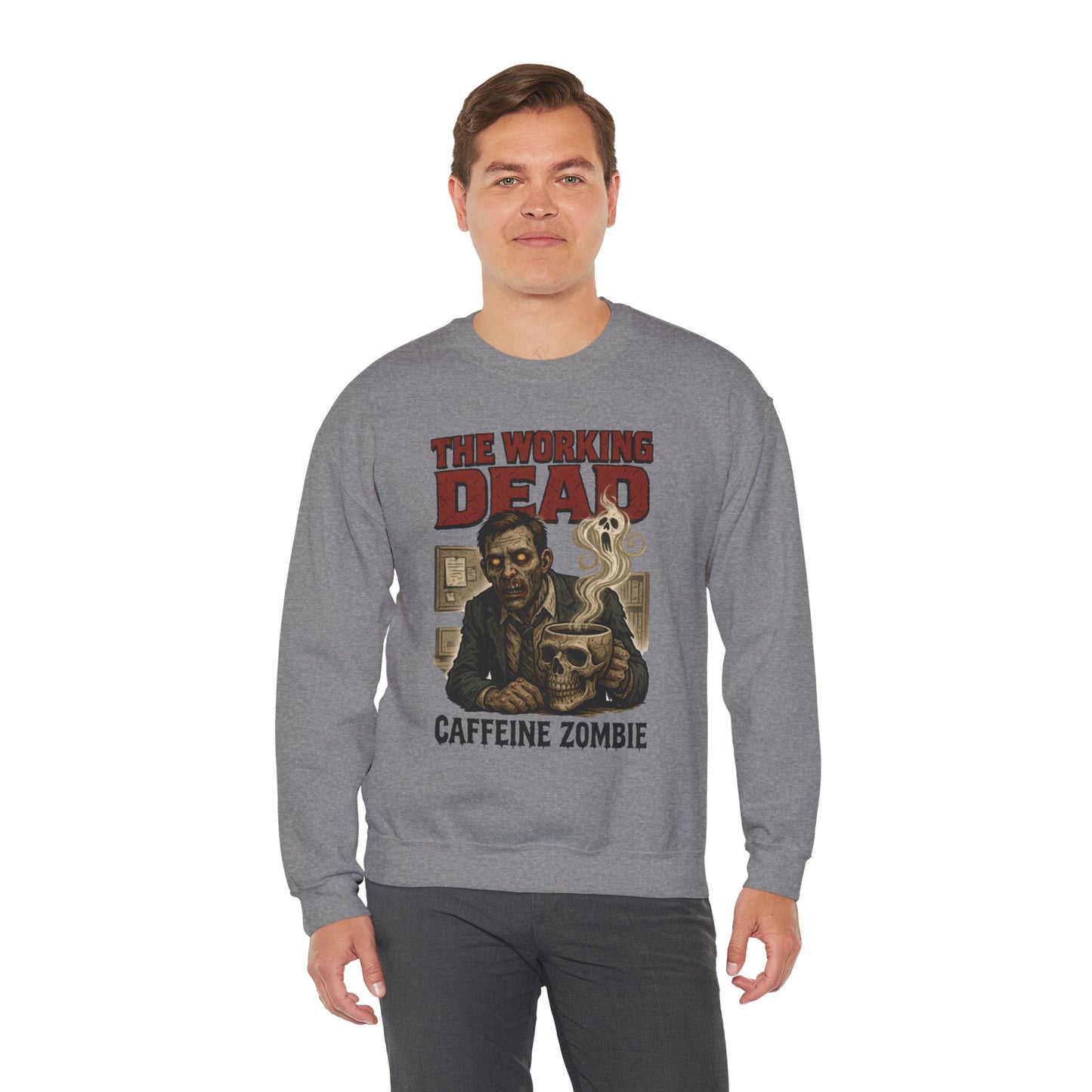 The Working Dead Men's Funny Zombie Sweatshirt, Office Humor Crewneck, Halloween Zombie Top, Coffee Zombie Sweatshirt