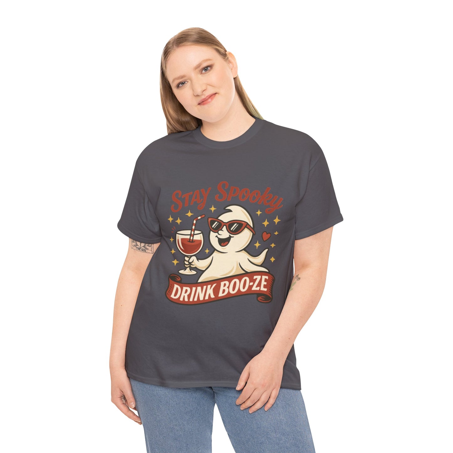 Stay Spooky Drink Boo-ze Women's T-Shirt, Funny Ghost Wine Halloween Party Graphic Tee