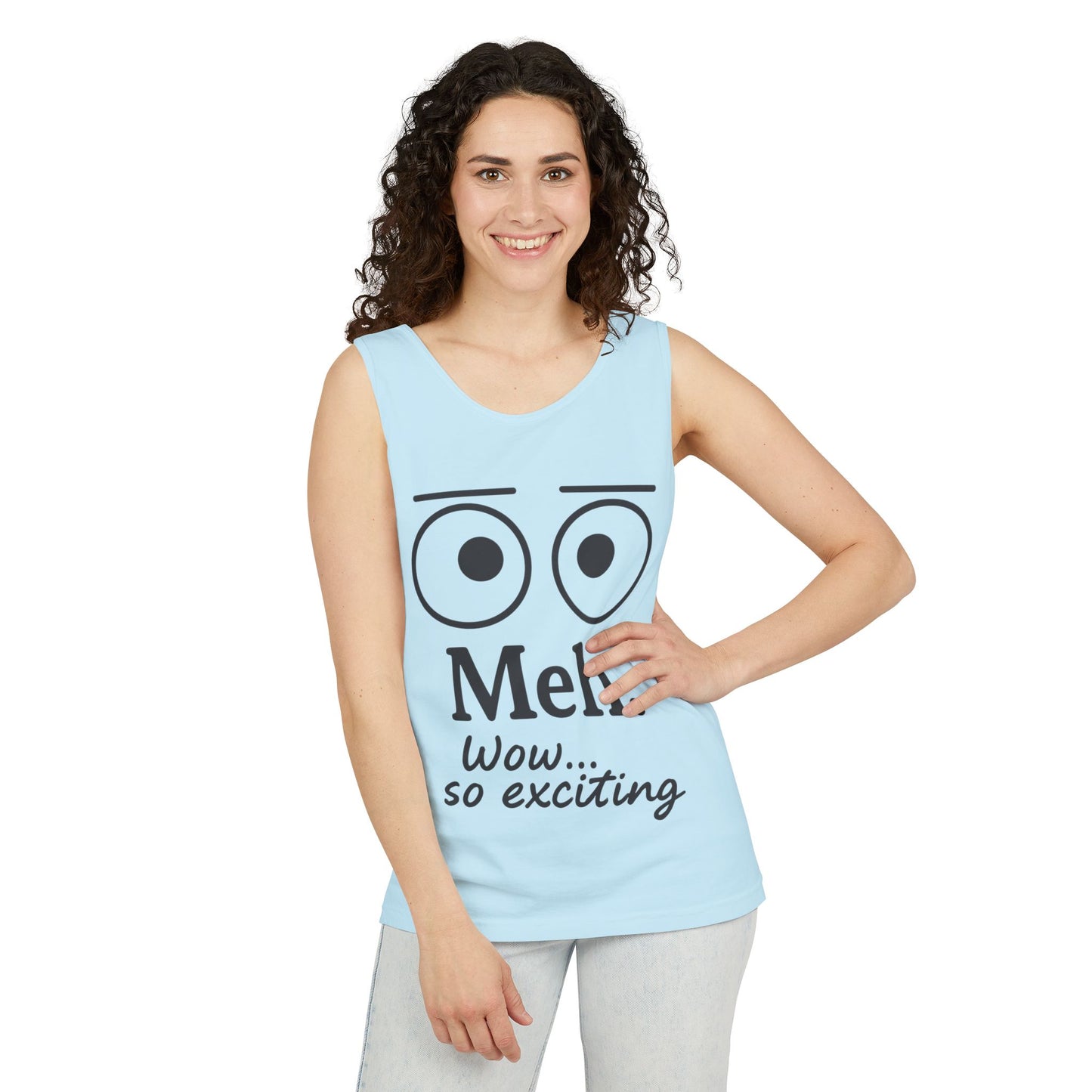 Womens Funny Graphic Tank Top with 'Meh. Wow... so exciting' Quote, Casual Wear, Summer Apparel, Gift for Friends, Humor Tank