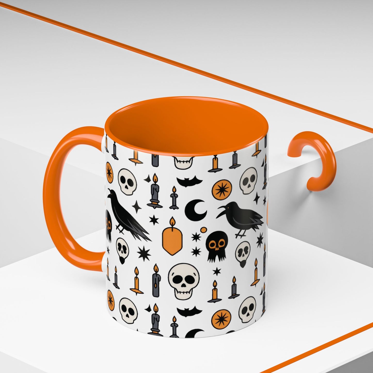 Gothic Halloween Mug, Skull, Candle - Raven Pattern Coffee Cup, Dark Aesthetic Spooky Gift for Her or Him, Accent Coffee Mug (11, 15oz)