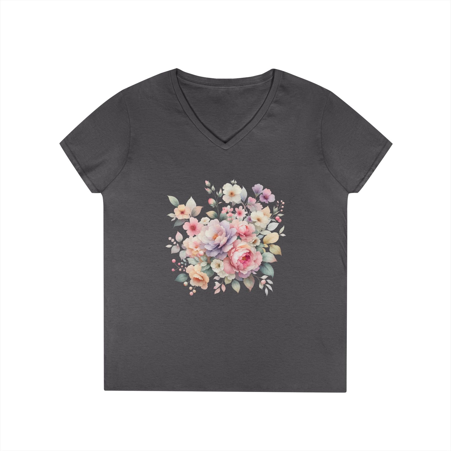 Pastel Floral Bouquet Ladies' V-Neck T-Shirt, Romantic Soft Vintage Flower Tee, Spring Fashion, Gift for Her, Everyday Wear