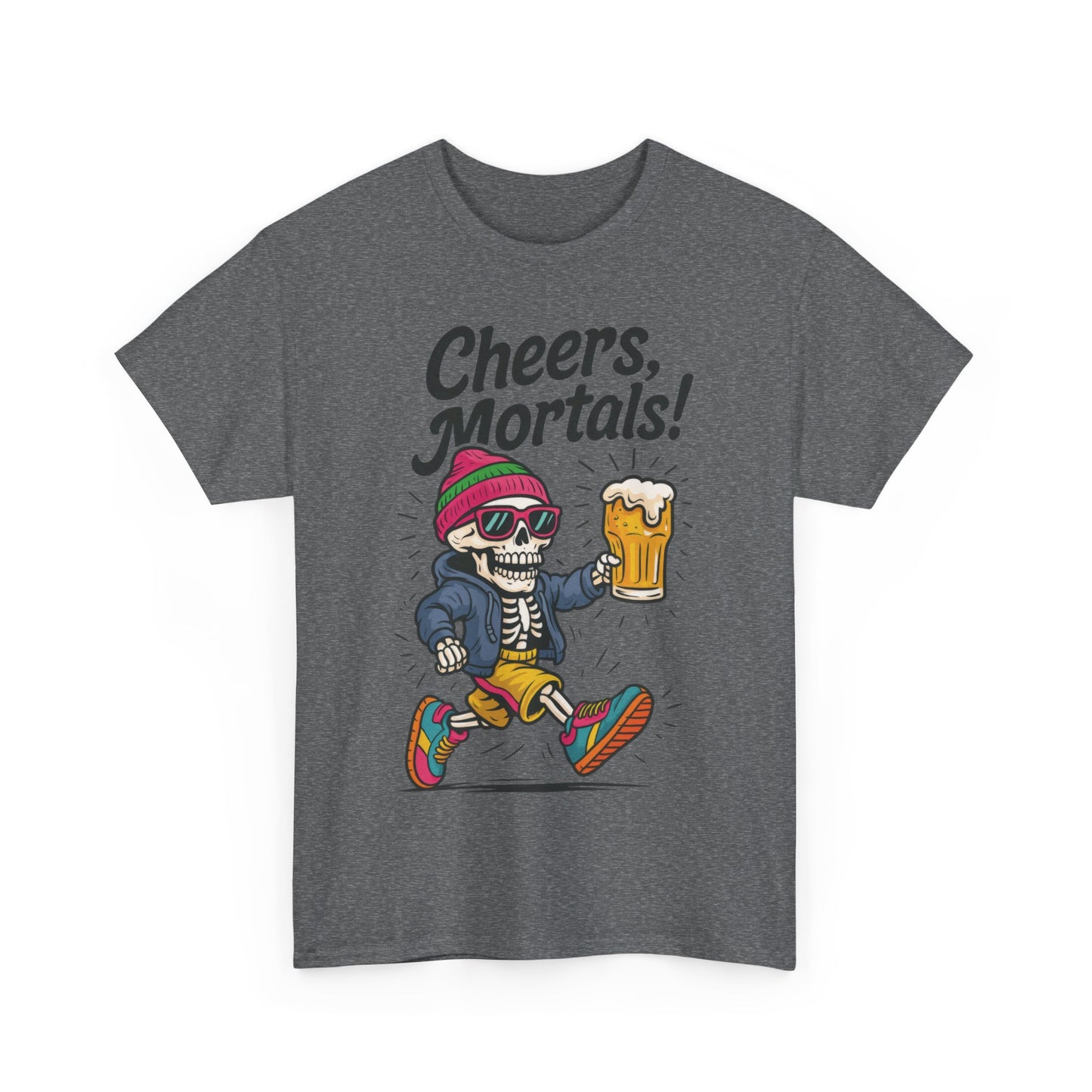 Cheers, Mortals! Mens Tee, Funny Skeleton Beer Graphic Tee, Cool Drinking Humor Shirt, Party Gift for Him, Halloween Tee, Beer Lovers Gift