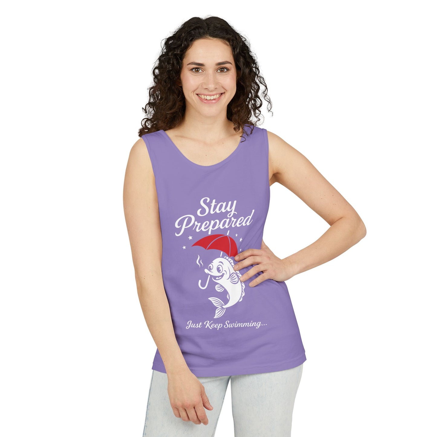 Stay Prepared Fish Womens Tank Top - Funny Just Keep Swimming Sleeveless Shirt - Cute Nautical Summer Top, Beachwear, Pool Party Must-Have
