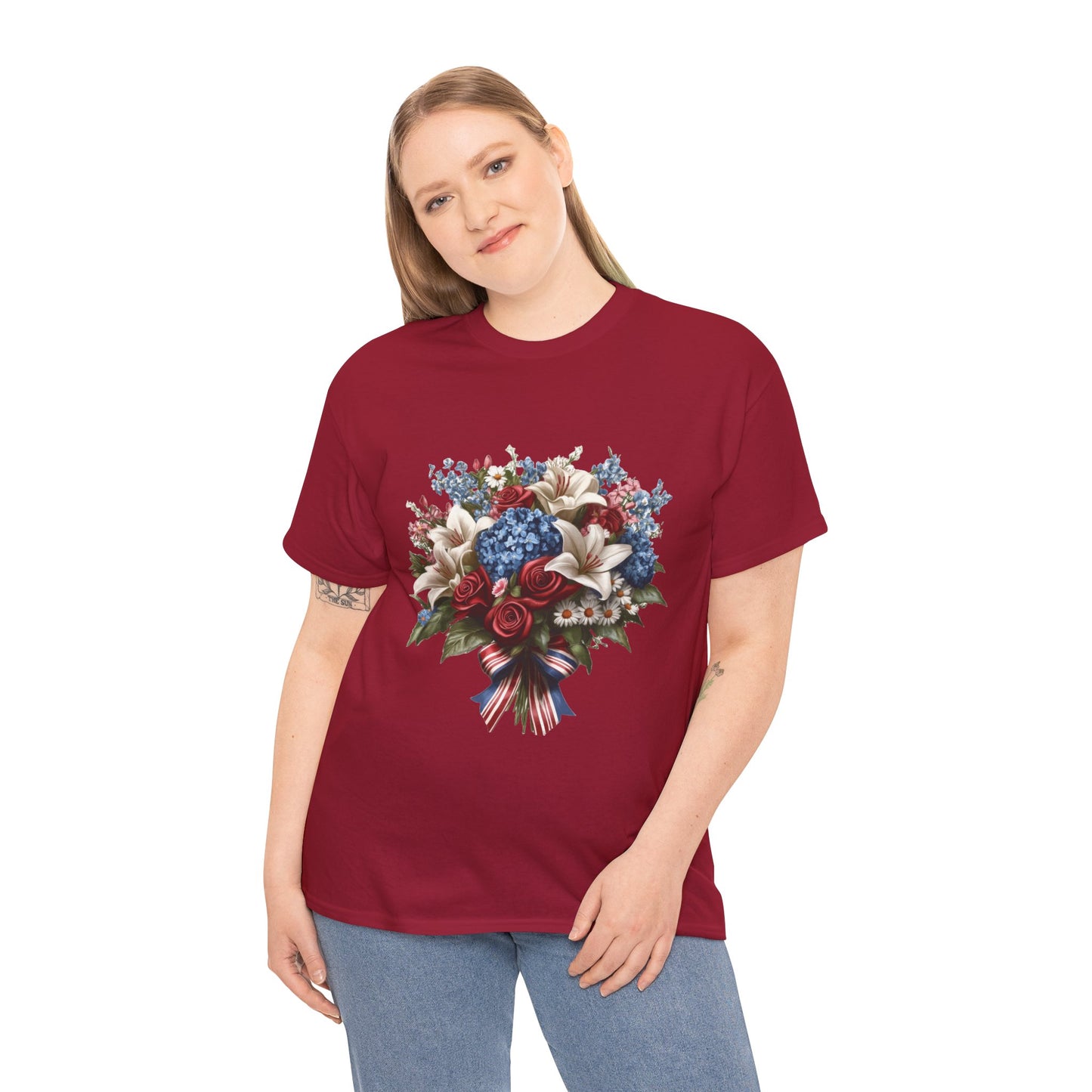 Patriotic Floral Bouquet T-Shirt, Red White Blue Flower Graphic Tee, USA Pride Shirt, Unisex Heavy Cotton Tee