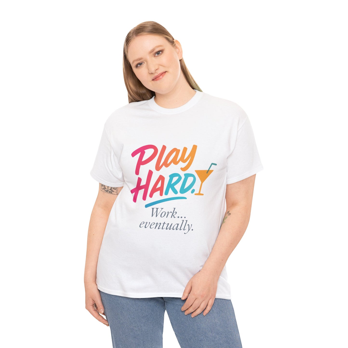 Play Hard Work Eventually T-Shirt, Funny Cocktail Graphic Tee, Pink Womens Party Shirt, Relaxed Vacation Top