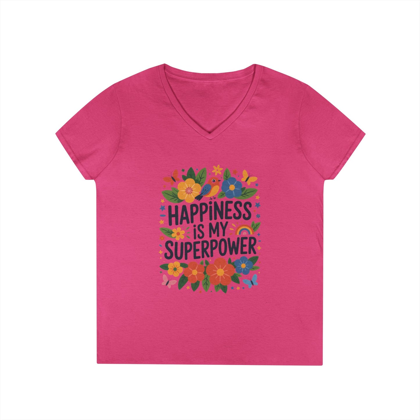 Happiness is My Superpower V-Neck T-Shirt, Floral Motivational Tee, Gift for Her, Positive Quote Shirt, Joyful Statement Tee