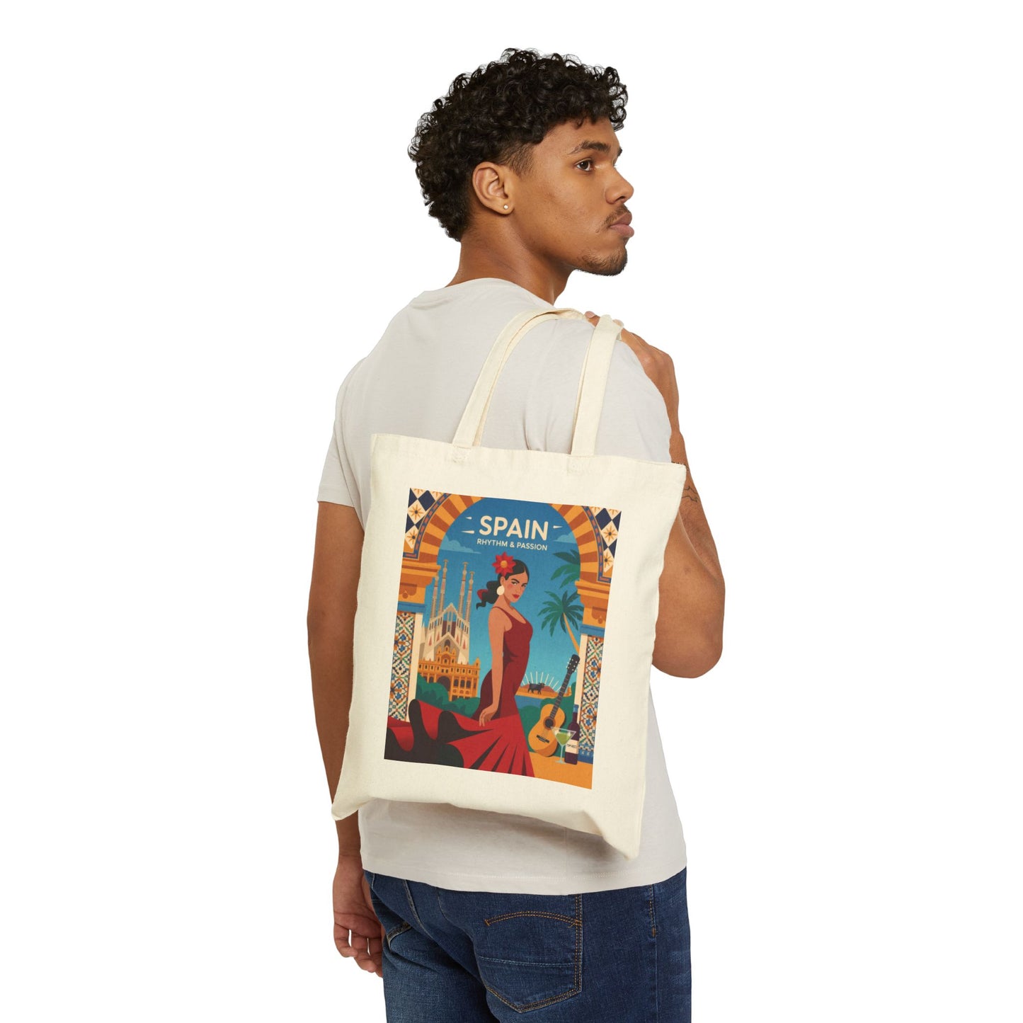 Spanish Rhythm Canvas Tote Bag, Eco-Friendly Shopper, Travel Essentials, Gift for Travelers, Sustainable Fashion