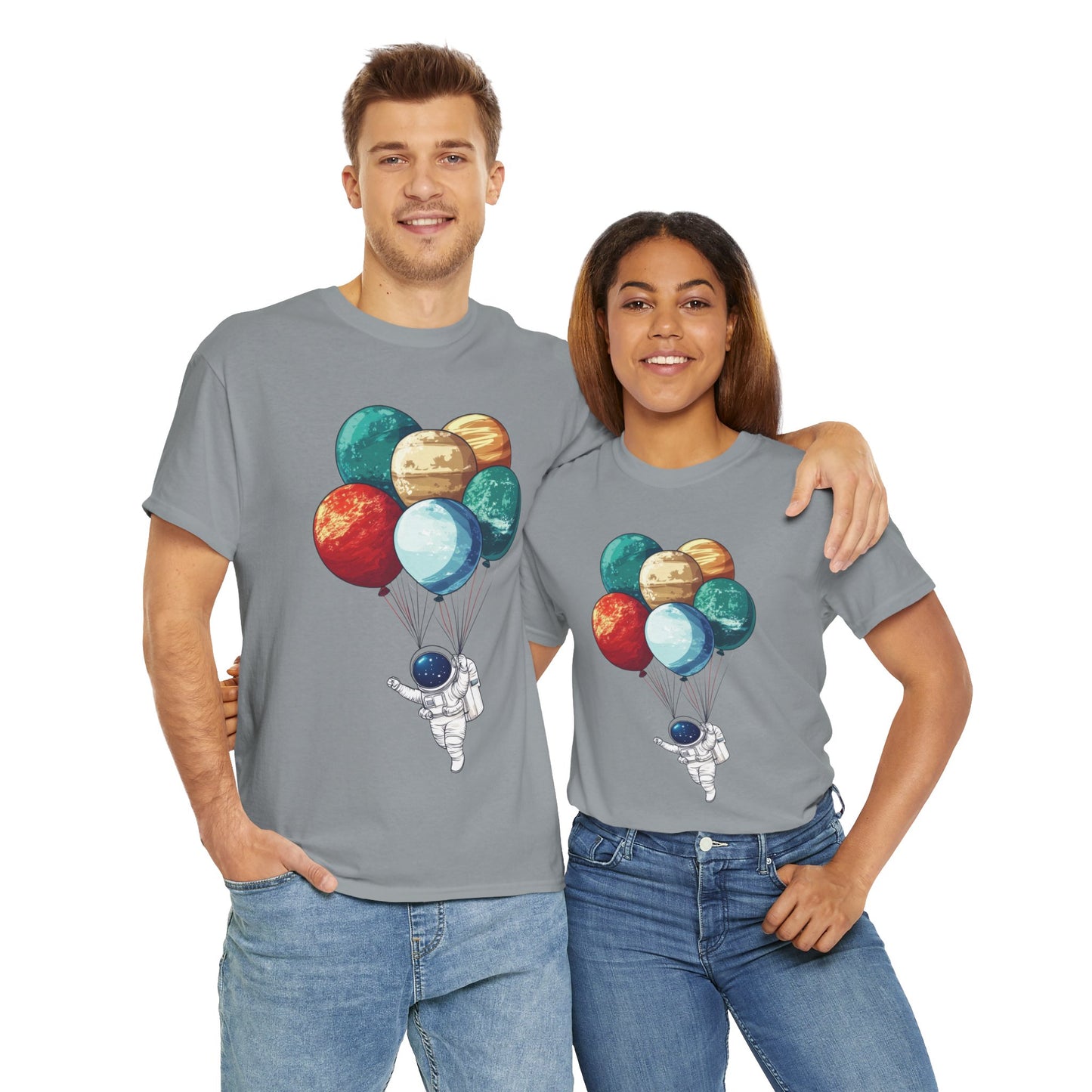 Astronaut with Planet Balloons T-Shirt, Space Lover Unisex Tee, Outer Space Graphic Shirt, Space Theme Shirt, Cosmic Adventure Top