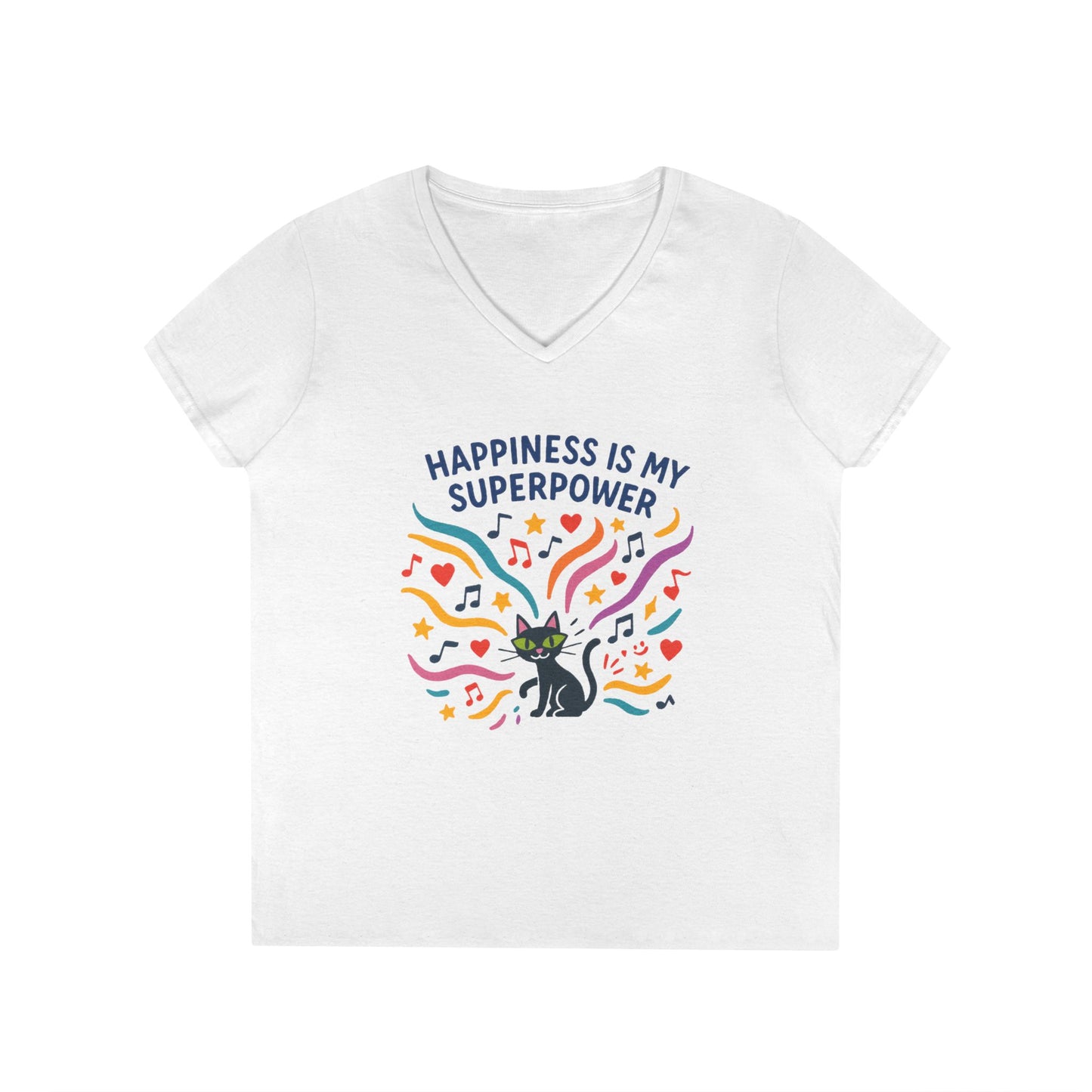 Happiness Is My Superpower V-Neck T-Shirt, Cat Lover Tee, Gift for Her, Cute Graphic Shirt, Music Enthusiast Apparel, Funny Cat Shirt
