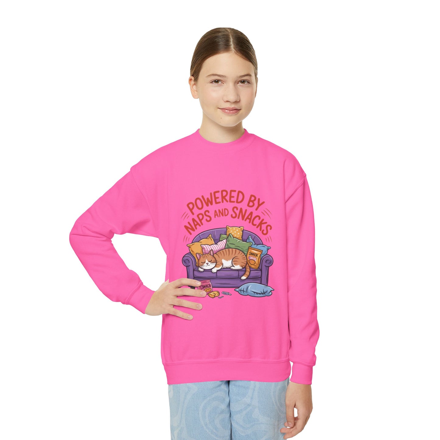 Youth Sweatshirt - Powered by Naps and Snacks, Cozy Apparel for Kids, Perfect for Chill Days, Gift for Cat Lovers, Funny Sweatshirt
