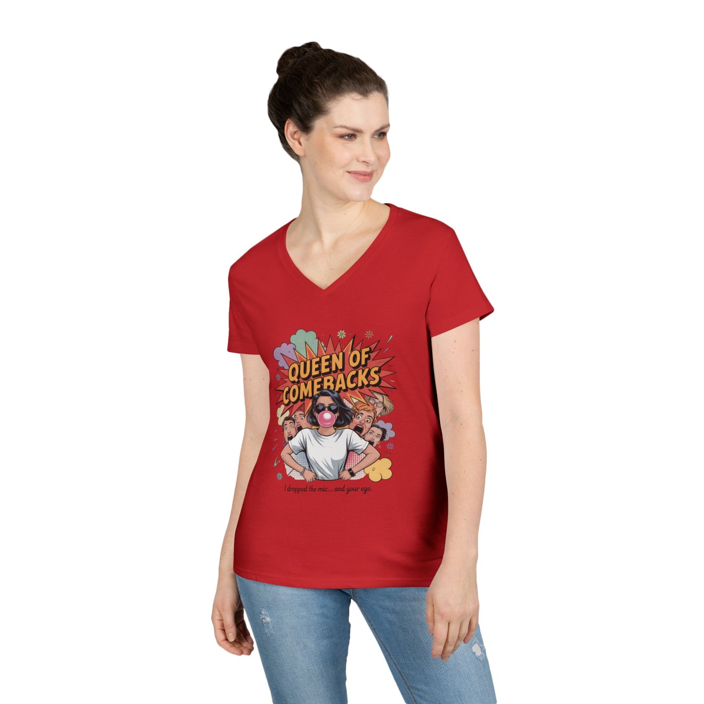Queen of Comebacks V-Neck T-Shirt, Funny Graphic Tee, Gift for Friends, Humor Apparel, Casual Wear, Comedic Shirt