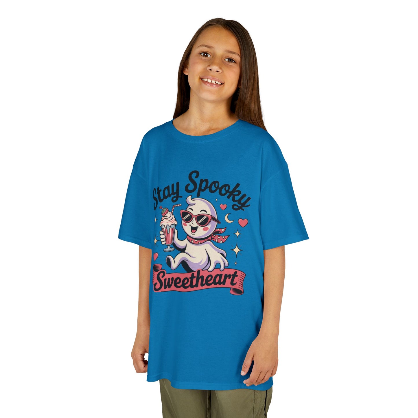 Girls Halloween Ghost T-Shirt, Stay Spooky Sweetheart Tee for Kids, Cute Retro Style Tween Girl Outfit Gift, Kids Heavy Cotton™ Tee