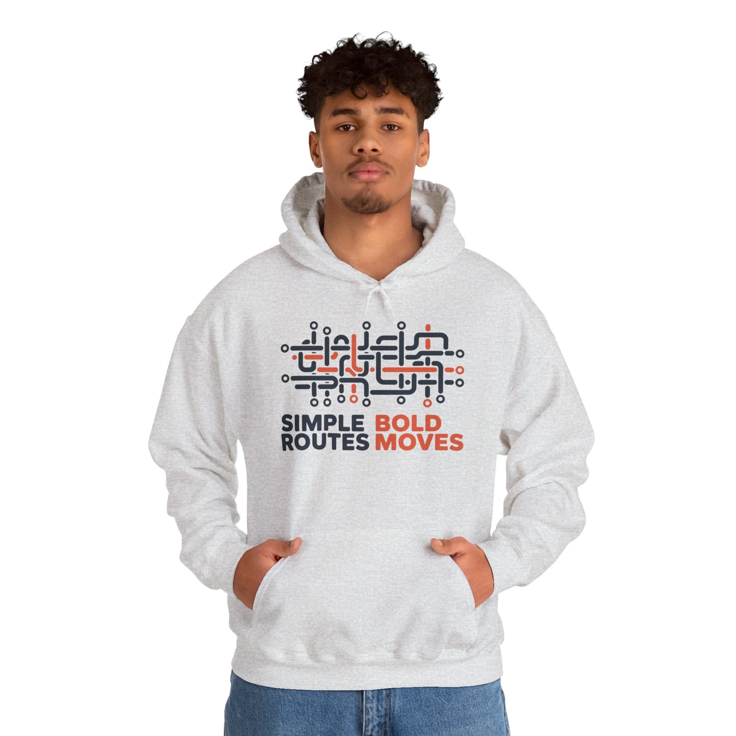 Men's Heavy Blend™ Hooded Sweatshirt, Simple Routes Bold Moves Hoodie, Unisex Metro Map Graphic, Urban Streetwear