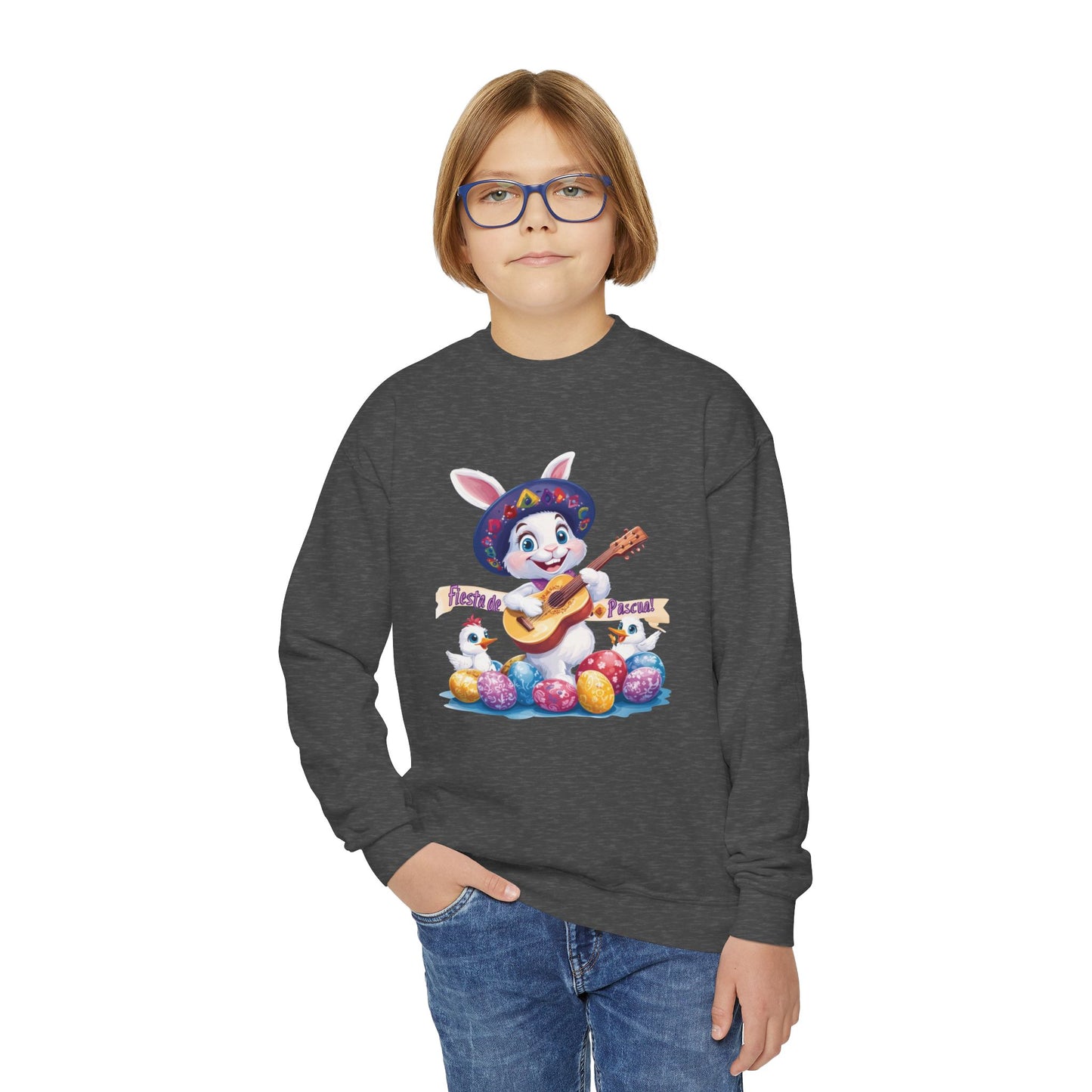 Fiesta de Pascua Bunny Sweatshirt - Mexican Easter Crewneck for Kids, Cute Spring Gift with Guitar Playing Bunny and Colorful Eggs