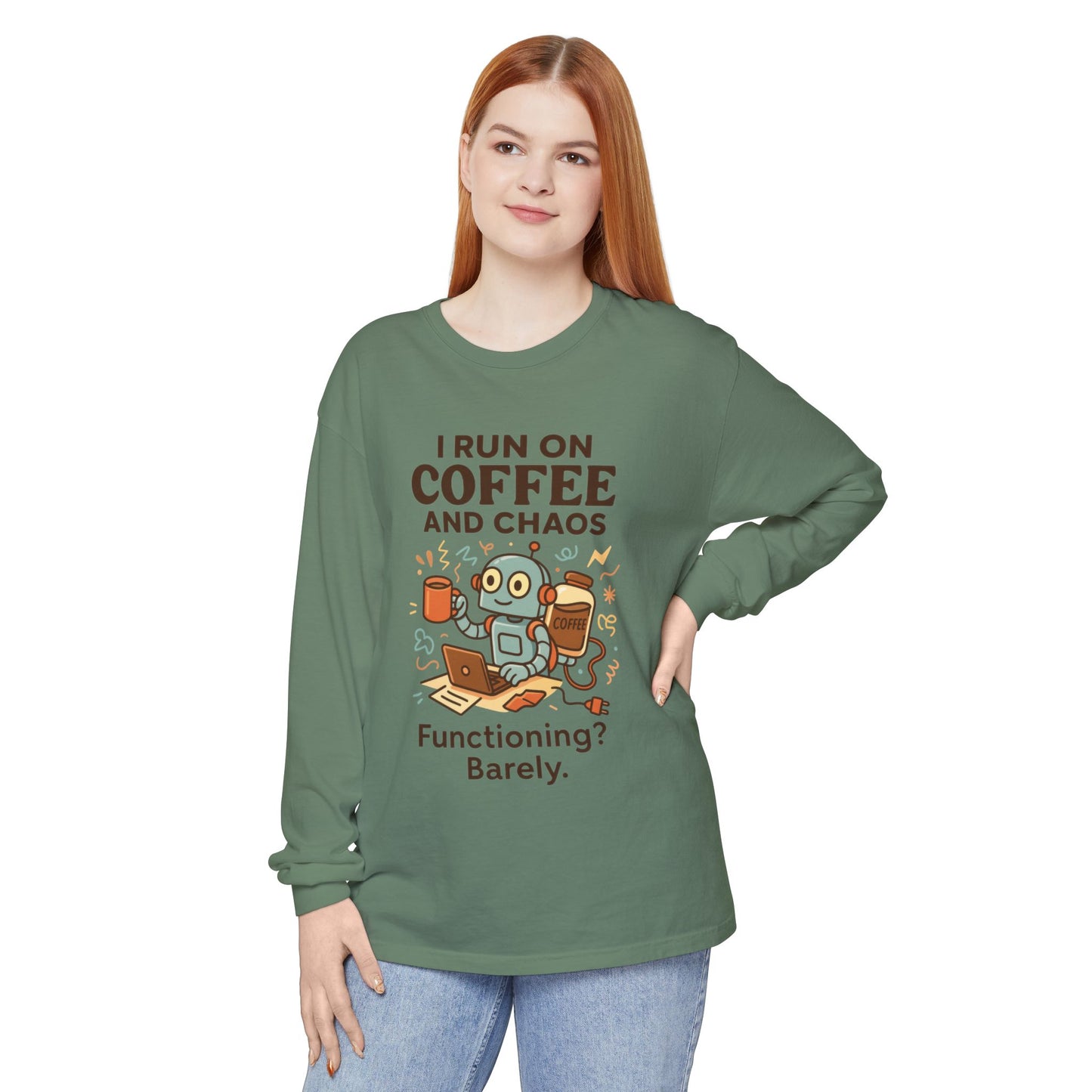 Coffee Chaos Long Sleeve Tee, Funny T-Shirt, Quirky Gift for Coffee Lovers, Unisex Top for Busy Lives, Work from Home Humor Tee