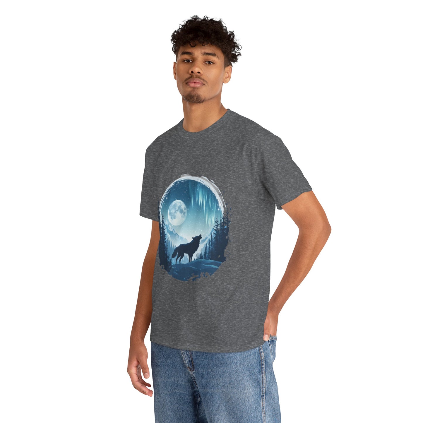 Howling Wolf Under Moonlight Men's T-Shirt, Full Moon Forest Scene Tee, Nature Lover Gift, Outdoor Adventure Clothing