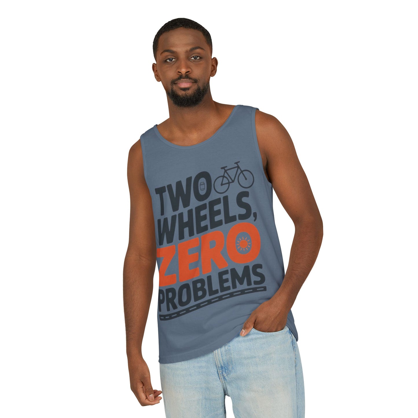Mens Garment-Dyed Tank Top, Two Wheels Zero Problems Mens Cycling Graphic Tank, Gift for Cyclists