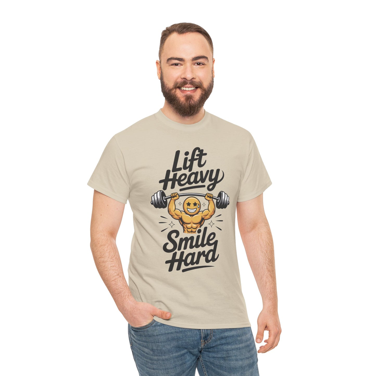 Mens Lift Heavy Smile Hard T-Shirt, Funny Gym Workout Graphic Tee, Mens Gym Tshirt