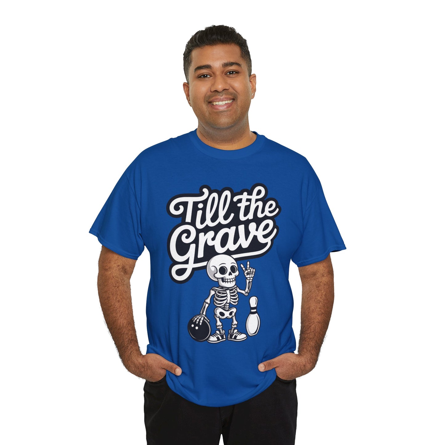Skeleton Bowling Graphic Tee, Mens Heavy Cotton Tee, Funny Halloween Shirt, Gift for Bowlers, Retro Style Apparel, Casual Wear