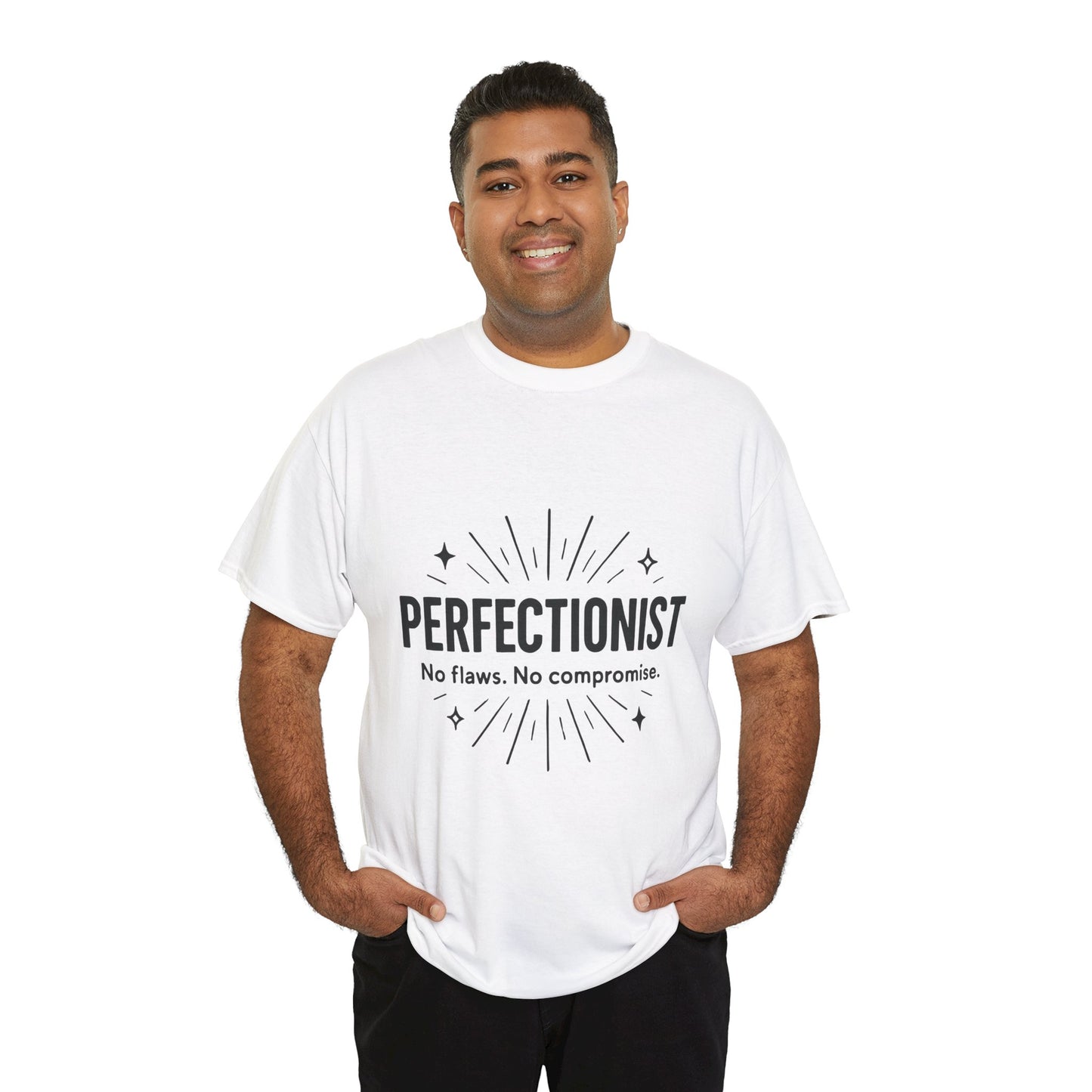 Mens Perfectionist T-Shirt, No Flaws No Compromise, Minimal Bold Graphic Tee, Gift for OCD, Clean Freak, or Detail-Oriented Men