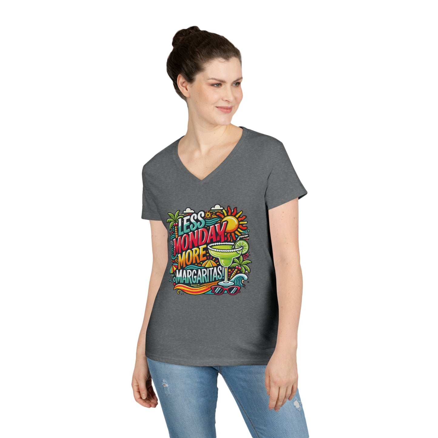 Less Monday More Margaritas Ladies' V-Neck T-Shirt, Funny Summer Cocktail Shirt, Tropical Vacation Tee for Women, Party Tee, Weekend Vibes