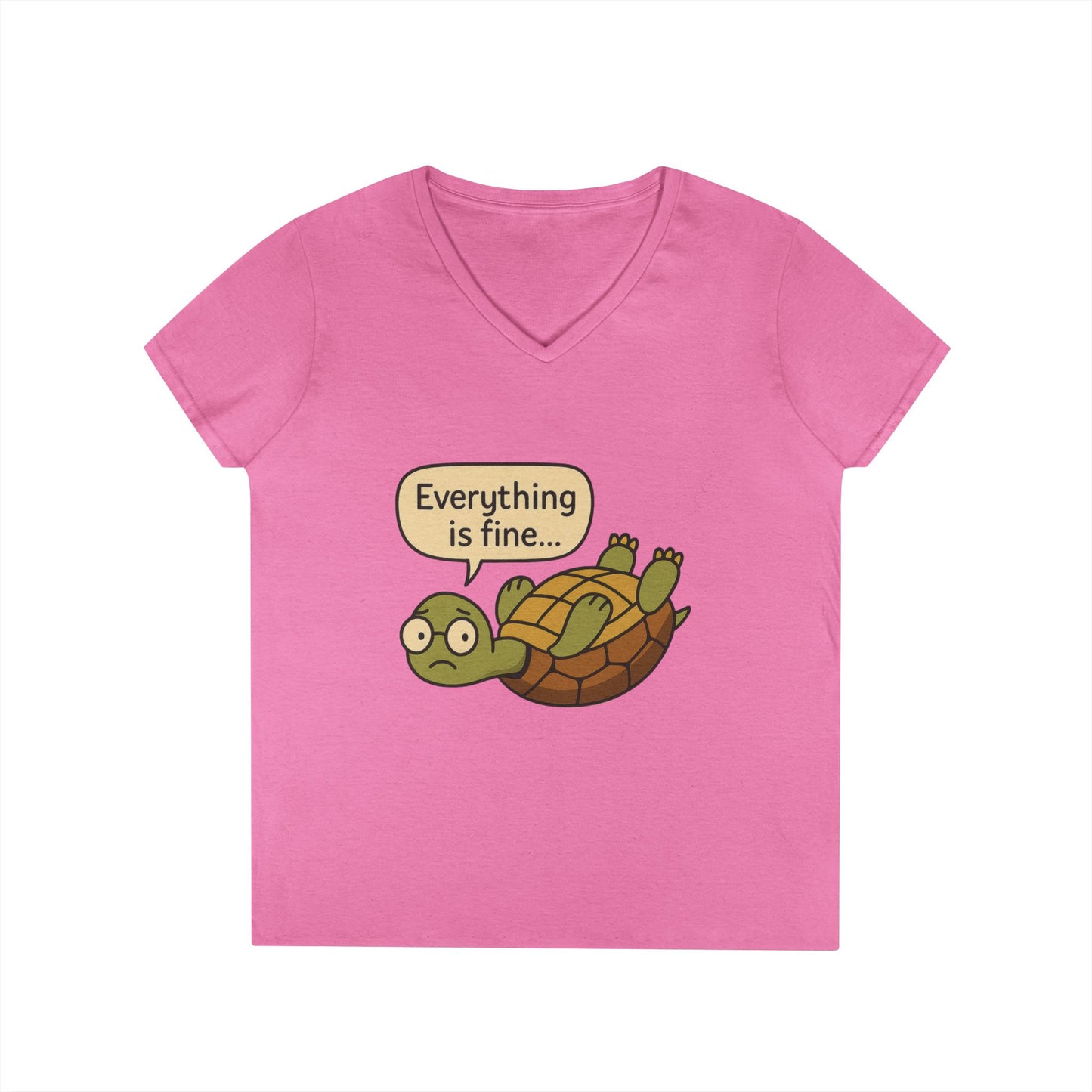 Cute & Comfy Turtle V-Neck T-Shirt - "Everything is fine..." design, Gift for Animal Lovers, Casual Wear, Fun Quotes, Positive message tee