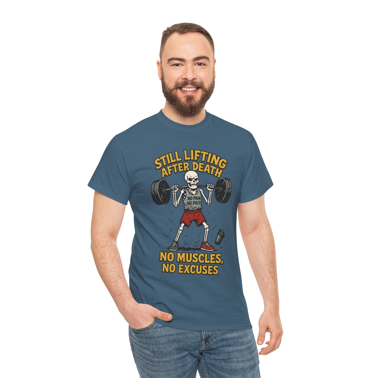 Funny Skeleton Gym T-Shirt, Still Lifting After Death, Funny Workout Shirt for Men, Fitness Gift, Halloween Apparel, Unisex Cotton Tee