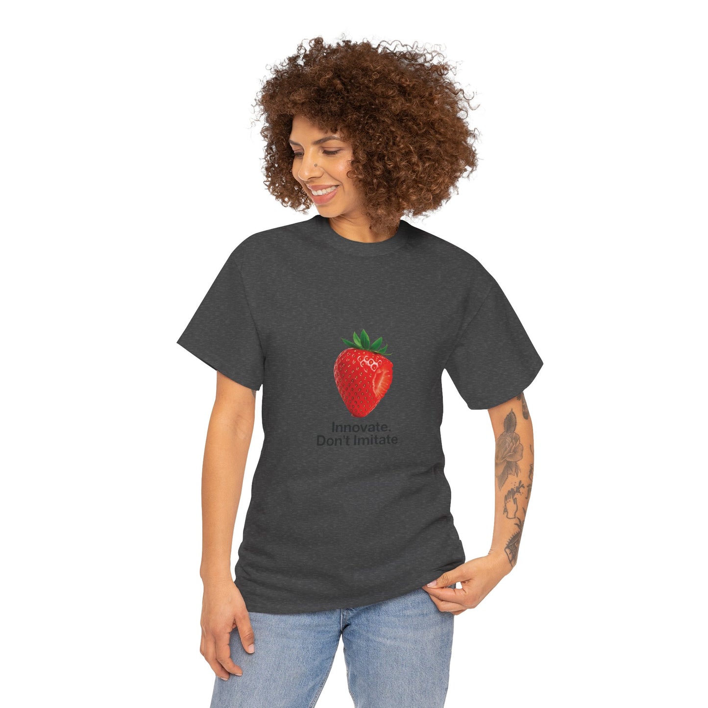 Strawberry Women's Heavy Cotton Tee, Innovate Don't Imitate Shirt, Graphic Tee, Casual Wear, Gift Idea, Summer Style, Witty Design T-Shirt