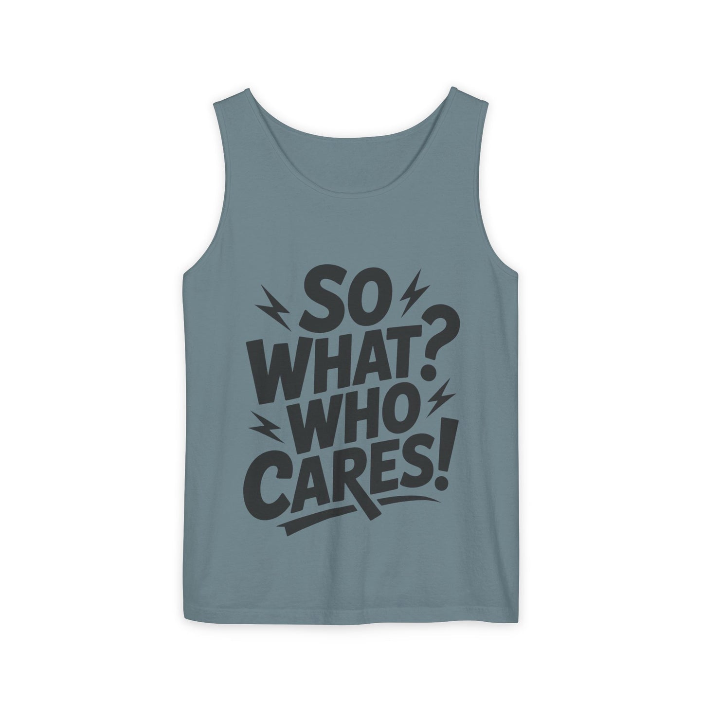 Mens Tank Top, "So What? Who Cares!", Casual Summer Wear, Beach Trip, Festival Outfit, Lightning Print, Sarcastic Summer Tee, Gym Tank