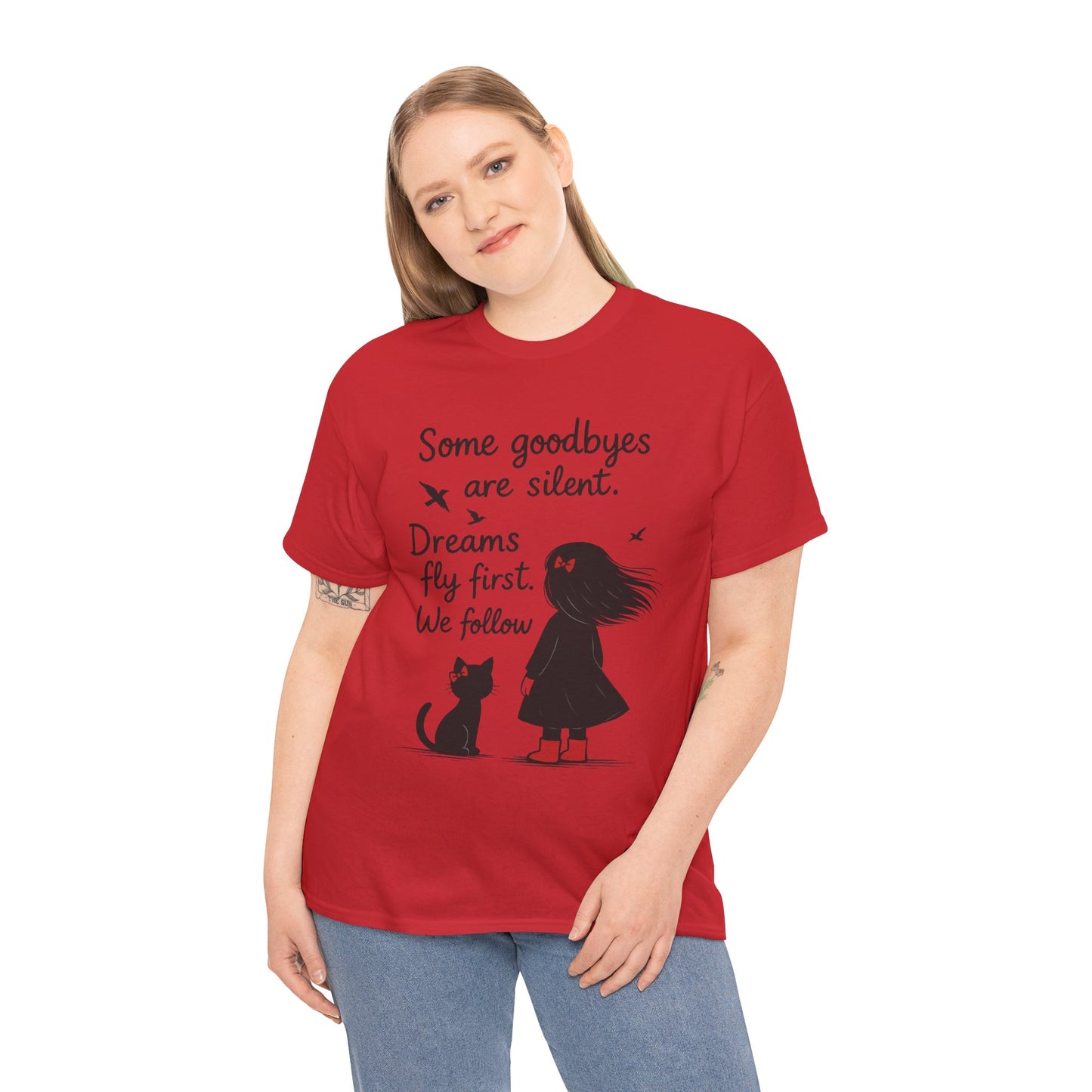 Emotional Hand Drawn Womens T-Shirt, Minimalist Red Dress Girl and Cat Graphic Tee, Cat Lover Gift
