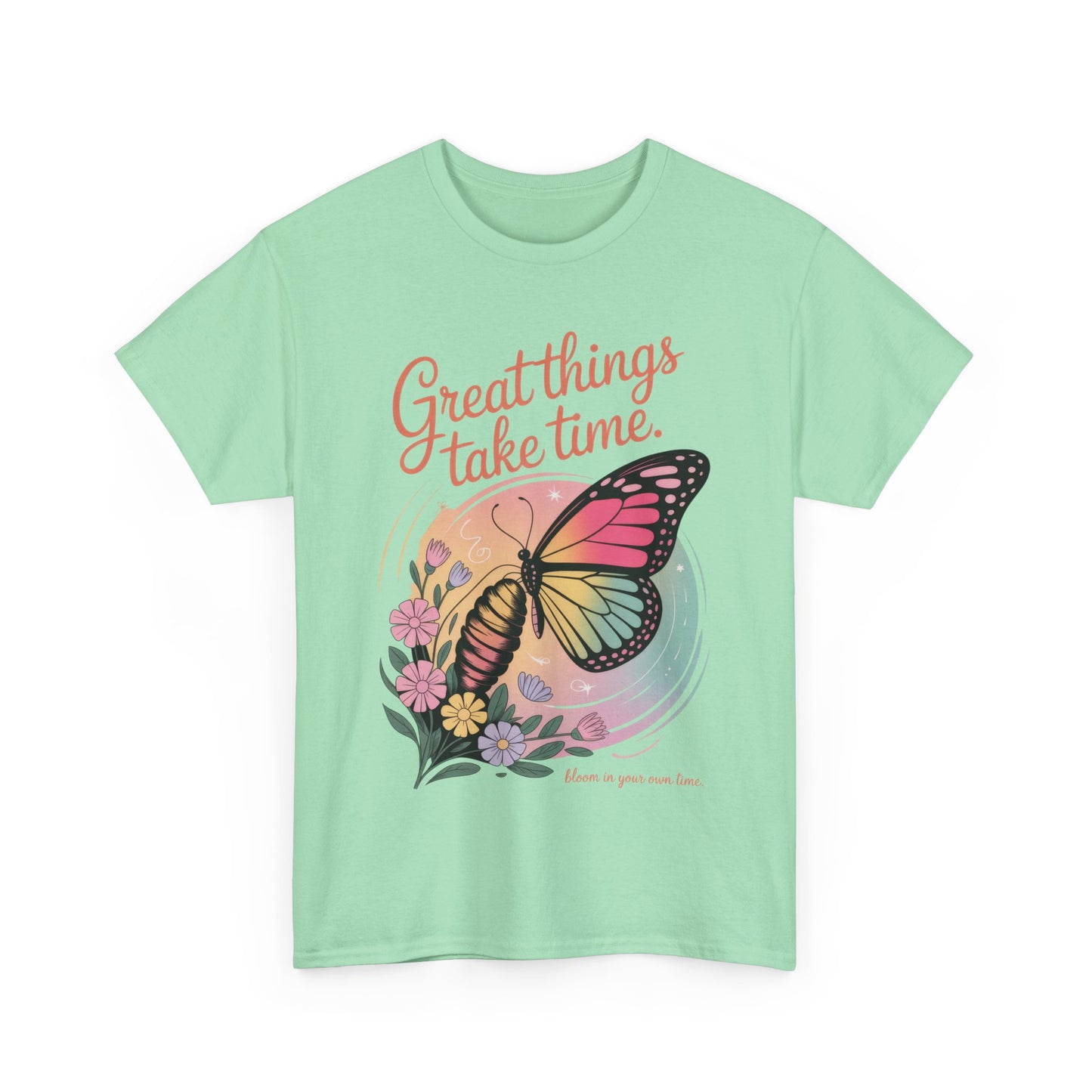 Butterfly Motivational Women's Heavy Cotton Tee, Great Things Take Time Shirt, Gift for Nature Lovers, Inspirational Apparel, Summer Outfit