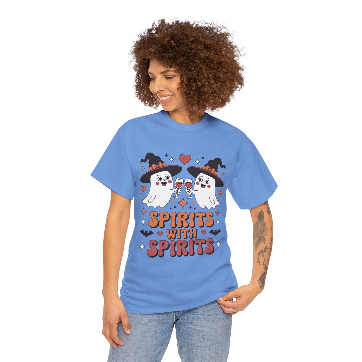 Spirits With Spirits Women's Halloween T-Shirt, Funny Ghost Drinking Wine Tee, Witches Party Shirt, Spooky Season Gift for Her