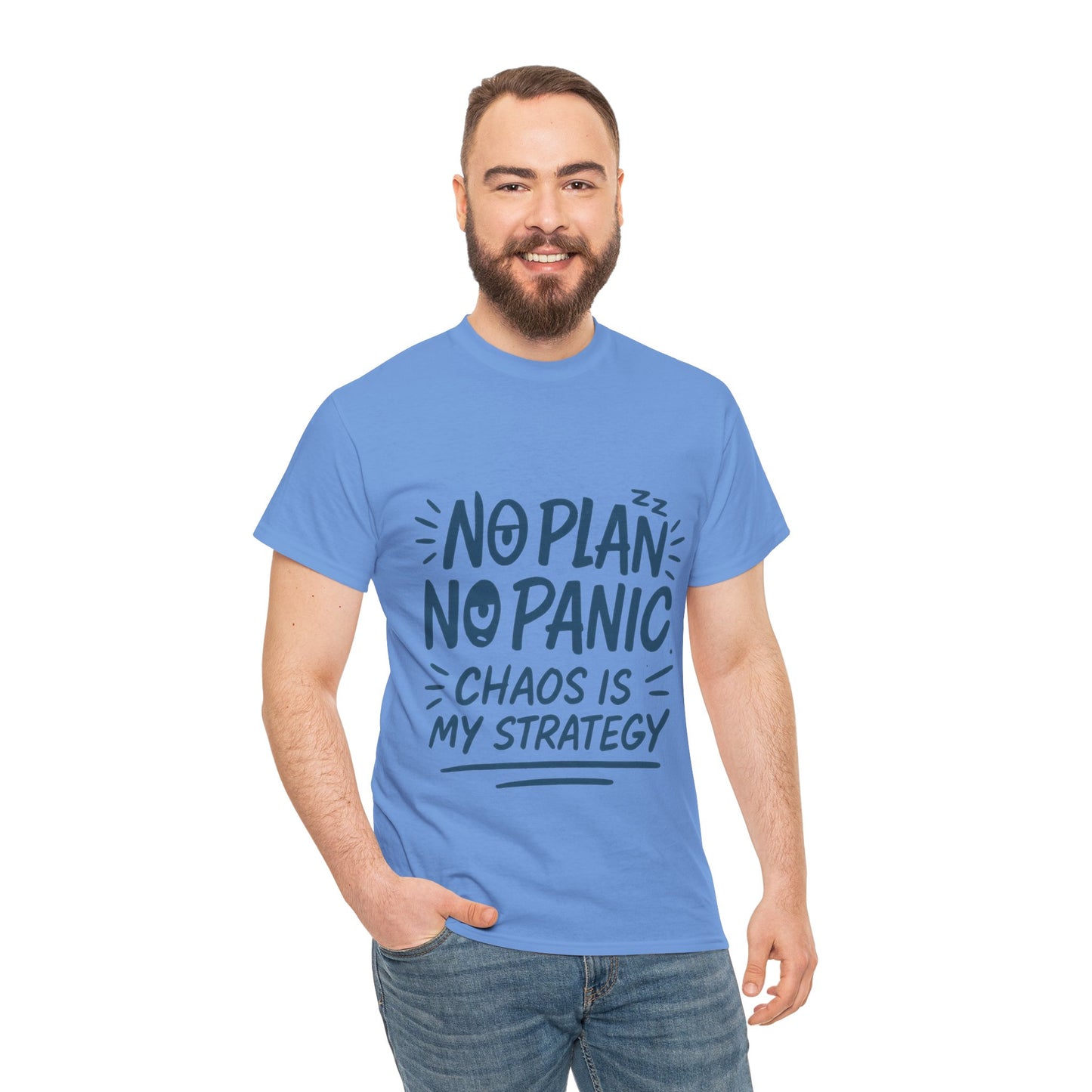 Funny Chaos Quote Mens T-Shirt, No Plan No Panic Humor Shirt, Casual Graphic Tee Gift for Him, Relaxed Fit