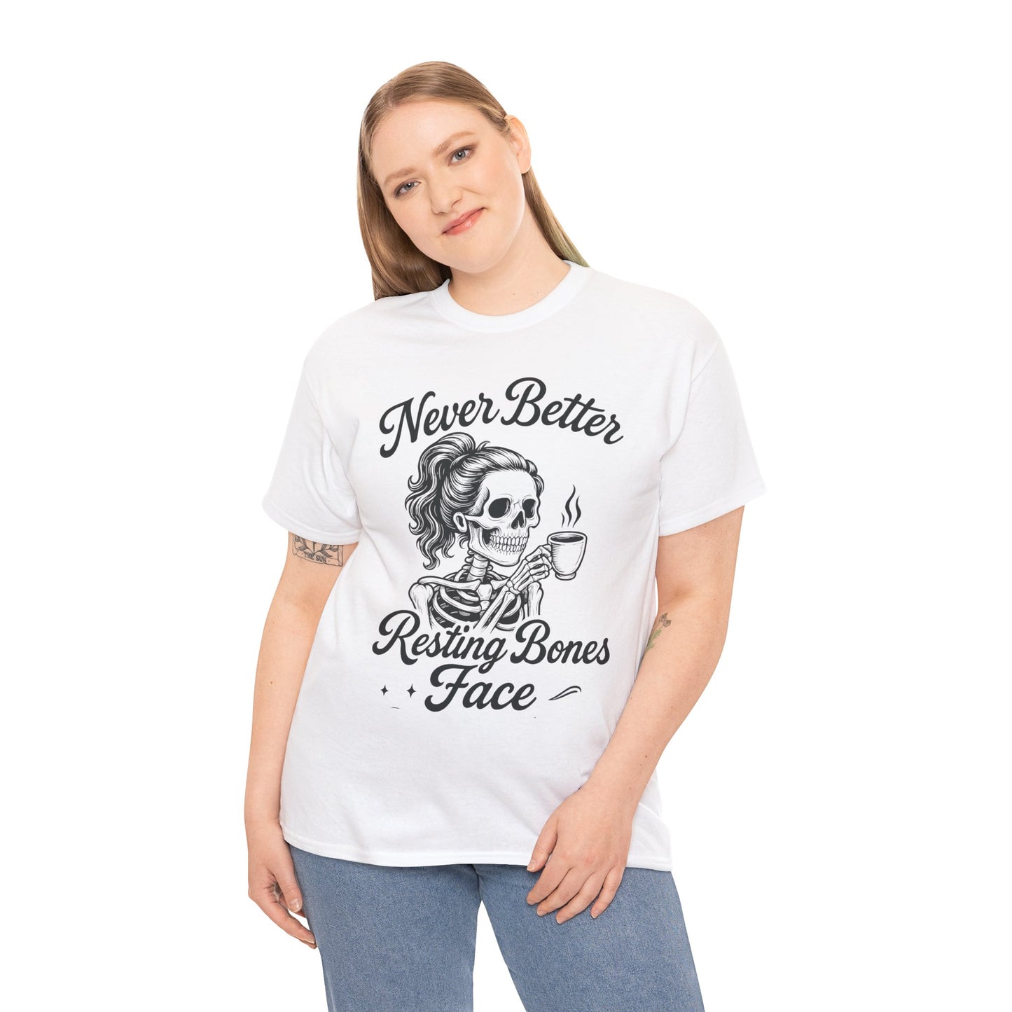 Sassy Skeleton Womens Tee: Never Better, Resting Bones Face, Halloween Costume, Funny Gift, Unisex Humor Shirt, Casual Wear