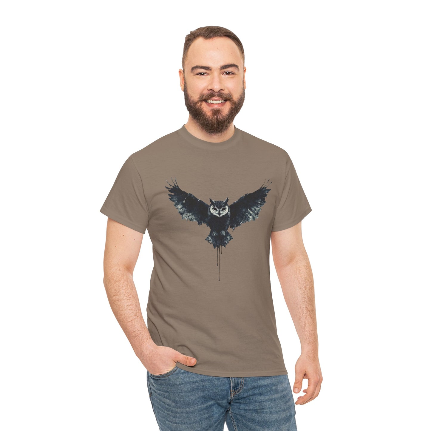 Cool Owl Graphic Unisex Heavy Cotton Tee, Flying Owl Ink Art T-Shirt, Nature Lover Gift, Animal Print Tee, Gothic Bird Graphic Tee