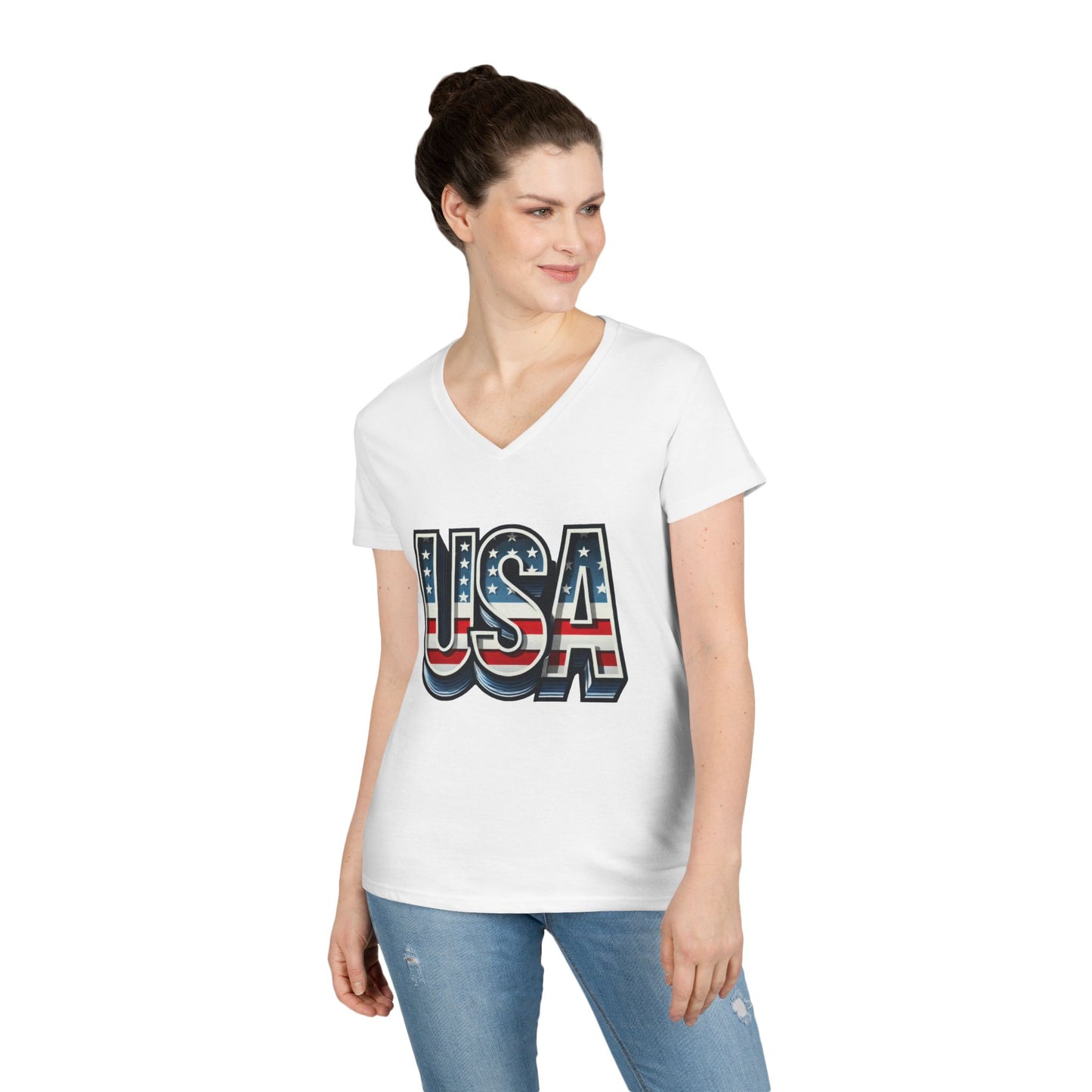 USA Patriotic V-Neck T-Shirt for Ladies, July 4th Celebration Tee, Casual Summer Shirt, Graphic Tee